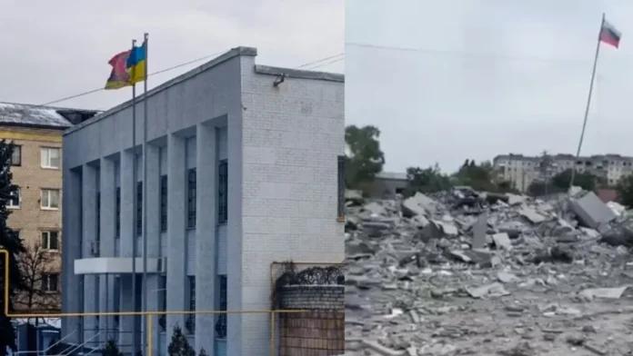 Former SBU building in Lysichansk before and after the strike